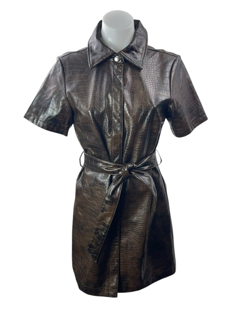 Topshop Women's Brown Croc Faux Leather Vegan Tie Waist A Line Mini Dress Size 6